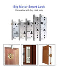 Fuss Free Fingerprint Smart Lock Door Knob Handle with Lightning Fast AI Recognition, showing motor assembly and installation details.