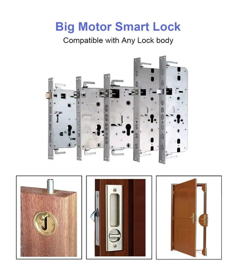 Fuss Free Fingerprint Smart Lock Door Knob Handle with Lightning Fast AI Recognition, showing motor assembly and installation details.