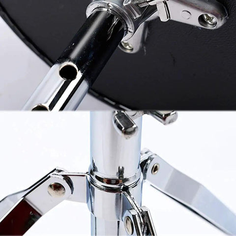 Close-up of the adjustable chrome frame and attachment details of Dead Comfy Drum Throne And Music Stool For Adults And Kids Packing Thicc PU Leather Seat.