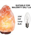 Himalayan Salt Lamp Replacement Bulbs 15 Watt Six Pack E12 Socket, shown with lit salt lamp and bulb image.
