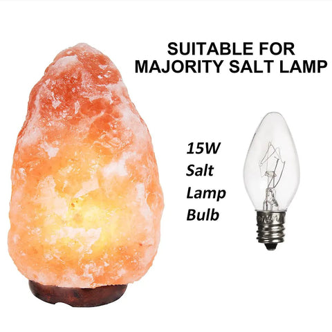Himalayan Salt Lamp Replacement Bulbs 15 Watt Six Pack E12 Socket, shown with lit salt lamp and bulb image.