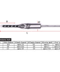 Diagram of Square Hole Wood Drill Bit Set For Mortises Three Piece HSS Pro Grade Square Mortise Bits with size details