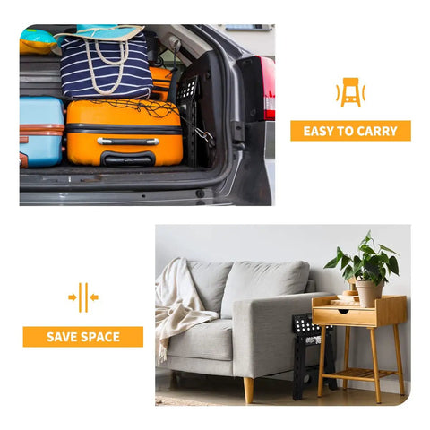 16 Inch Folding Step Stool for Home and Apartment Use, Portable Collapsible Plastic Stool with Non Slip Safety Lock, stored with suitcases in car trunk and beside sofa for space-saving