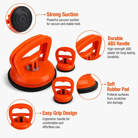 2026 Upgraded Car Dent Repair Kit, 3 Pack Dent Puller Set, Beefed Up Heavy Duty Paintless Dent Removal Tools For Your Car Body, Glass Lifting, Tile Pulling, Sheet Metal And Moving Objects - orange suction cups with ABS handle
