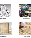 Image showcasing uses of Built Tough 300 Piece 2 Inch Sanding Disc Set Packing 80 To 3000 Grit Grades for jewelry, car, furniture and wood polishing.