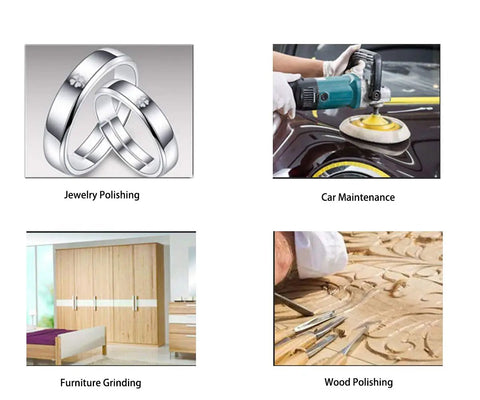 Image showcasing uses of Built Tough 300 Piece 2 Inch Sanding Disc Set Packing 80 To 3000 Grit Grades for jewelry, car, furniture and wood polishing.