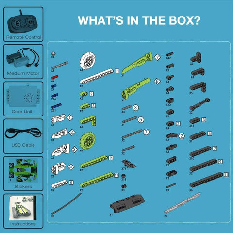 3 In 1 RC Tracked Stunt Racer Building Kit With 353 Pieces, Build Tumbling Robot And Spin Car, STEM Construction Toy For Kids Ages 8 To 12, Compatible With Orange Model, Six Total Models To Create And Play parts layout with remote, motor, core unit, USB cable, stickers, and instructions