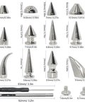 Rock Your Edge With This Kickass 150 Piece Punk Spike Rivet Kit Featuring Silver Zinc Alloy Cone Studs Screw Back Bullets And Essential Tools For Leather Crafting And Custom Apparel, showing various silver cone studs.