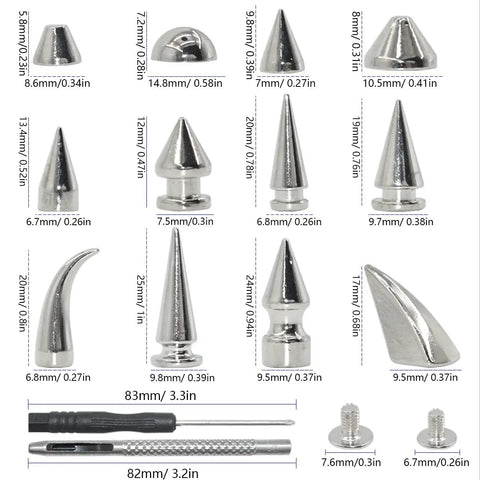 Rock Your Edge With This Kickass 150 Piece Punk Spike Rivet Kit Featuring Silver Zinc Alloy Cone Studs Screw Back Bullets And Essential Tools For Leather Crafting And Custom Apparel, showing various silver cone studs.