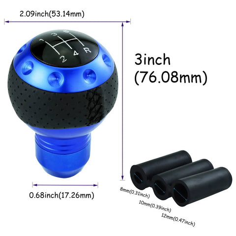 Bold Blue Five Speed Ball Shift Knob With Crisp Gear Map For Manual Transmissions, 3 inch height, aluminum material.