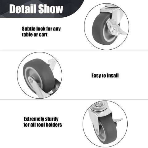 Heavy Duty 3 Inch Stem Casters Set Of 4 With Brakes, detailed view of swivel wheels for workbenches and trollies, showing rubber construction