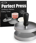 Display of Burger Press With 150 Patty Papers Nonstick Patty Maker For Grillin Burgers On The Grill Or Stove Aluminum Patty Press