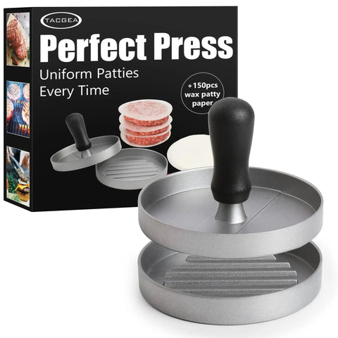 Display of Burger Press With 150 Patty Papers Nonstick Patty Maker For Grillin Burgers On The Grill Or Stove Aluminum Patty Press