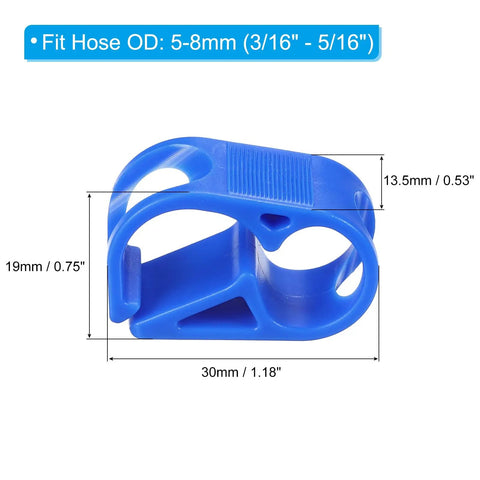 Blue plastic tube clamp with dimensions for 3/16 to 5/16 inch hoses. Plastic Tube Clamps Set Of 5 Pieces Three Sixteenth To Five Sixteenth Inch Tube OD Adjustable Flow Control Hose Clip For Lab Pinch Valves And DIY Water Systems Blue Ideal For Analytical Instruments Bottle Filling Gardening Irrigation Lab Work.