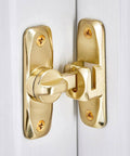 Dual 90 180 Degree Barn Door Latch Lock In Zinc Alloy, Right Angle Gate Lock installed on white door, secured with screws