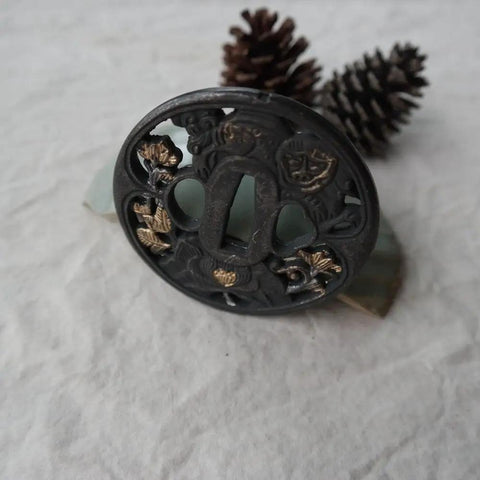 Black Alloy Tsuba Koshirae Accessory With Lotus Pattern For Katana Wakizashi Or Tanto New Condition 78mm By 76mm Guard