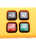Close-up of 4 Key Industrial Crane Remote Control Wireless Transmitter Push Button Switch, showing yellow casing and four control buttons.