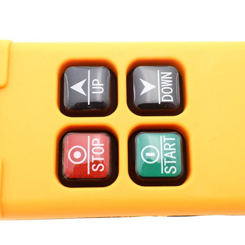 Close-up of 4 Key Industrial Crane Remote Control Wireless Transmitter Push Button Switch, showing yellow casing and four control buttons.