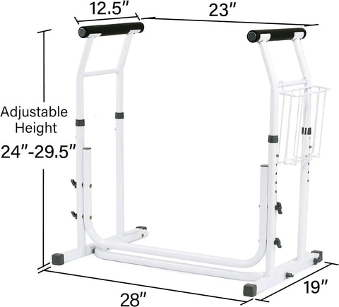 FSA HSA Eligible Sit And Rise Bathroom Safety Frame With Height Adjustable Toilet Rail And Commode Grab Bar shown with measurements
