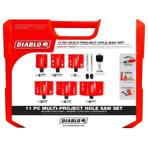 Bi Metal Hole Saw Set With Variable Tooth Design Fits Snap Lock Plus Mandrel System Includes Six Hole Saw Cups One Mandrel Two Pilot Bits And Two Adaptor Nuts Deep Cut Capacity Two And Three Eighths Inch Heavy Duty Fast Drilling in red case
