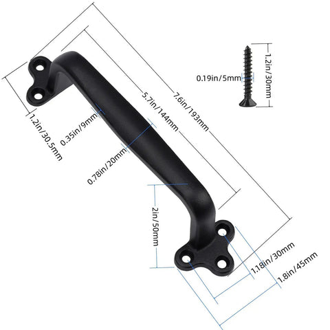 Diagram of 2 Pack Gate Handle 7.6 Inch Carbon Steel Sliding Barn Door Pulls With Screws, showing dimensions and black finish.