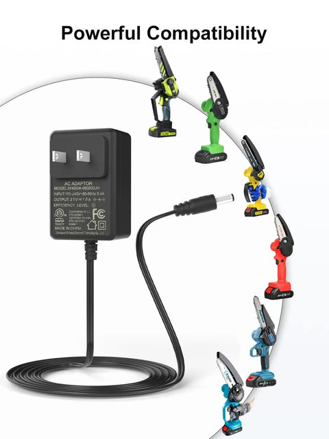 21V 1A Mini Chainsaw Battery Charger For Saker Seyvum Aker O Conn Mini Chainsaws Portable Lithium Battery Charger shown in use.