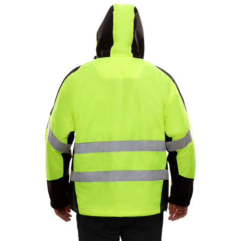 Back view of Hi Vis Hooded Windbreaker Safety Jacket With 2 Inch Reflective Tape ANSI Class 2 Compliant Water Resistant Shell Lime 3XL
