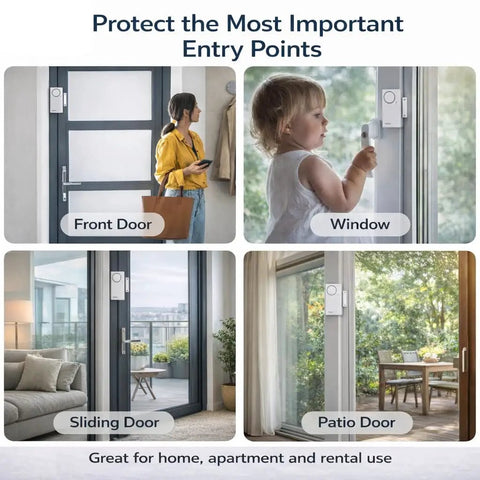 Wireless Remote Door And Window Alarm With Magnetic Sensor for front, sliding, patio doors and windows, easy to install.