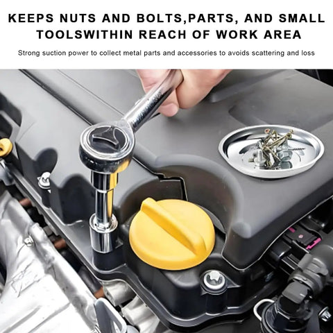 Two Pack Magnetic Parts Tray Set, Heavy Duty Stainless Steel 3 Inch Round Magnetic Trays For Mechanics, Tool Tray For Screws Bolts Nuts Washers Pins And Metal Parts shown attached to an engine with metal parts held inside.