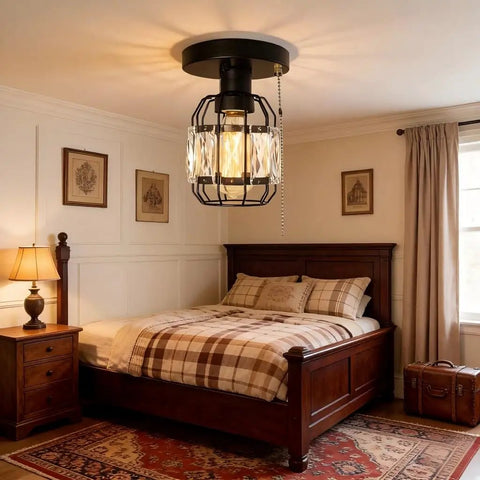 Crystal Cage Flush Mount Ceiling Light With Adjustable Pull Chain Dope Industrial Black Metal Round Edison E26 3 Light Fixture