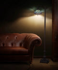 Dragonfly Tiffany Style Floor Lamp With Sea Blue Stained Glass Shade, 61 Inch Tall Arc Reading Lamp, Antique Bronze Base in living room