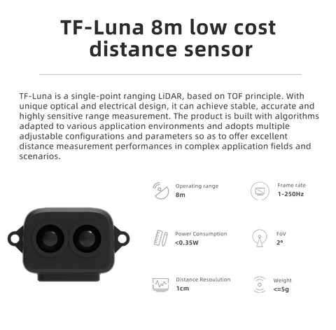 Front view of the TF-Luna 8m low-cost LiDAR distance sensor, part of the Do It All LiDAR Sensor Kit With USB TTL Adapter And Dupont Cable For Raspberry Pi Arduino STM32 Drones Industrial Robots And Smart Home Projects 0.2 To 8 Meter TOF Distance.