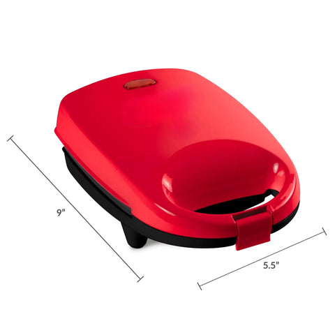 Cute And Compact Personal Sandwich Maker, Non Stick Electric Panini Press in red, 9 inches wide for easy grilling.