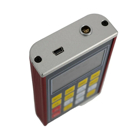 Heavy Duty Digital Metal Hardness Tester Gauge top view showing connectors for steel, iron, bronze, and copper testing.