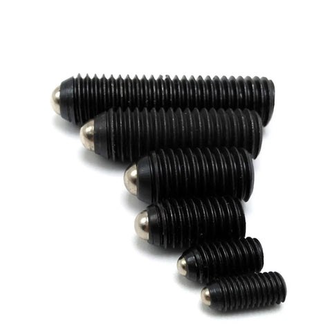 Badass Reliable Spring Ball Plunger Screws M16x30 Class Twelve Point Nine Alloy Steel Hex Socket Set Pins, various sizes with black finish.