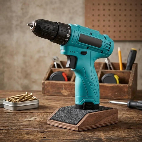 Built Tough 12V Cordless Drill With 25 Plus 1 Torque Settings And Dual Speed Modes on display with a wooden base for stability.