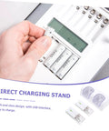 Hand placing batteries into USB Charging Station For Game Controllers Compact Dock With Blue LED Indicator Rechargeable Battery Charger