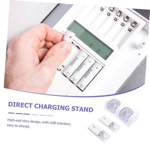 Hand placing batteries into USB Charging Station For Game Controllers Compact Dock With Blue LED Indicator Rechargeable Battery Charger