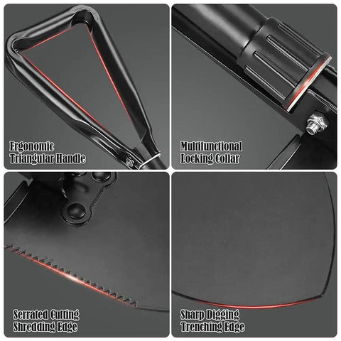Close-up of Lightweight 18.5 Inch Folding Shovel For Camping And Hiking featuring handle, locking collar, serrated edge, digging edge