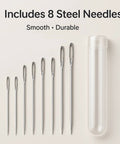 Eight steel hand sewing needles and a clear storage tube from Must Have All In One 5 In 1 Automatic Needle Threader With Seam Ripper Magnetic Needle Minder Thimble And 8 Hand Sewing Needles For Quick Threading On Hand Sewing Embroidery Cross Stitch And Repairs Purple.