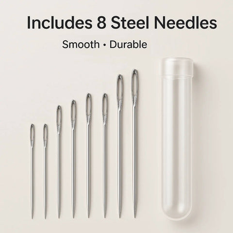 Eight steel hand sewing needles and a clear storage tube from Must Have All In One 5 In 1 Automatic Needle Threader With Seam Ripper Magnetic Needle Minder Thimble And 8 Hand Sewing Needles For Quick Threading On Hand Sewing Embroidery Cross Stitch And Repairs Purple.