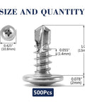 Built Like A Tank 500 Pack Of 8 X 1/2 Sheet Metal Screws Crafted From Solid 410 Stainless Steel Truss Head with size measurements.
