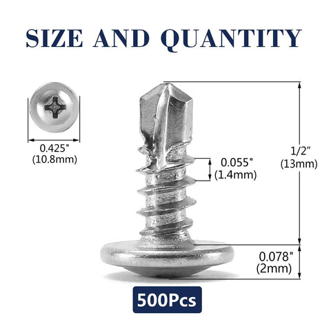 Built Like A Tank 500 Pack Of 8 X 1/2 Sheet Metal Screws Crafted From Solid 410 Stainless Steel Truss Head with size measurements.