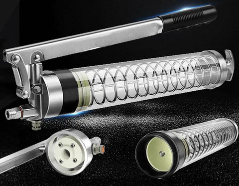 Workhorse Heavy Duty Lever Action Grease Gun with Three Way Loading 8000 PSI 900cc Capacity close-up on metal components
