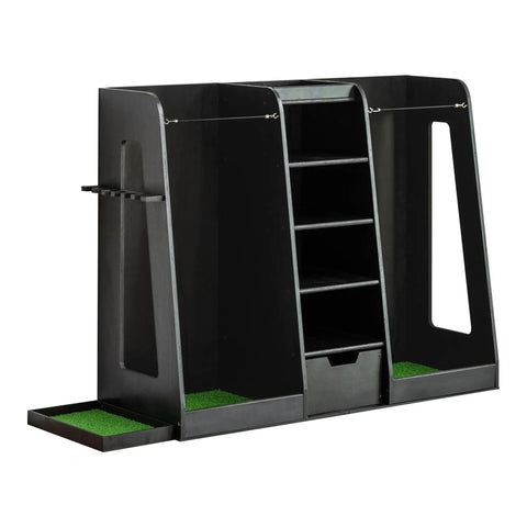 Wooden Golf Bag Organizer And Storage Cabinet For Two Bags With Drawers And Side Club Holders Keeps 12 Clubs Shoes Balls And Gear Neatly In A Modern Black Wood Cabinet For Home Garage Or Clubhouse