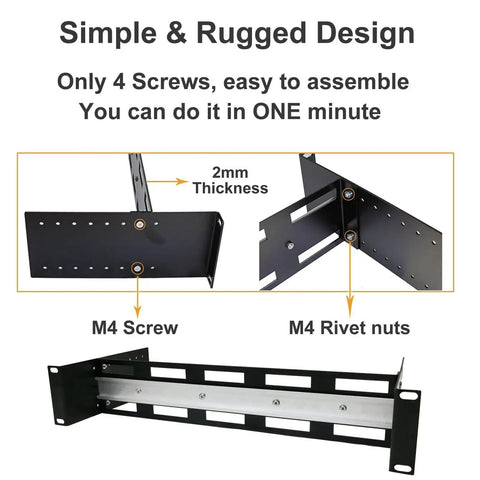Depth Adjustable 19 Inch Rack Mount Din Rail Rack Ready Chassis With Aluminum Bracket, simple design, M4 screws and rivet nuts visible
