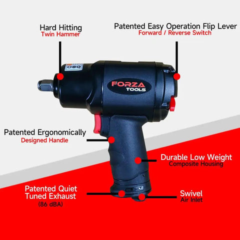 No Nonsense 1/2 Inch Air Impact Wrench Featuring Killer Torque Specs And Rock Solid Magnesium Alloy Composite Housing For Legit Garage Grinds And Daily Heavy Duty Drives Delivering Up To 1600 Ft Lbs Of Raw Pull For Real Pro Shop Work design showing ergonomic handle and flip lever switch.