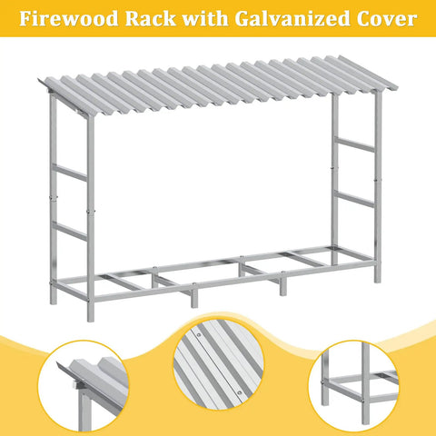 Heavy Duty Four Foot Firewood Rack With Weather Cover For Indoor And Outdoor Use shown with metal frame and cover