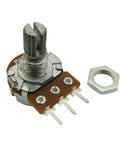 Pack Of 10 10K Ohm Linear Rotary Potentiometers With Knurled Six Millimeter Shaft Fifteen Millimeter Length Three Hundred Degree Turn Pro Grade Potentiometer For Precise Audio And DIY Electronics Control, single potentiometer close-up, metal nut on side.