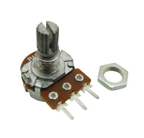 Pack Of 10 10K Ohm Linear Rotary Potentiometers With Knurled Six Millimeter Shaft Fifteen Millimeter Length Three Hundred Degree Turn Pro Grade Potentiometer For Precise Audio And DIY Electronics Control, single potentiometer close-up, metal nut on side.